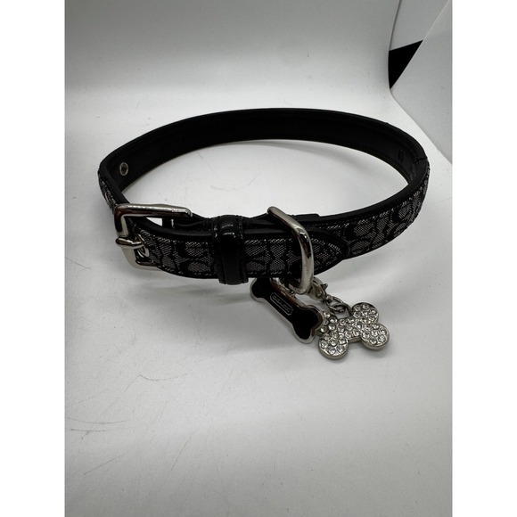 Coach Black Leather Dog Collar With Bone Charm Size Medium 13.5-16.5
